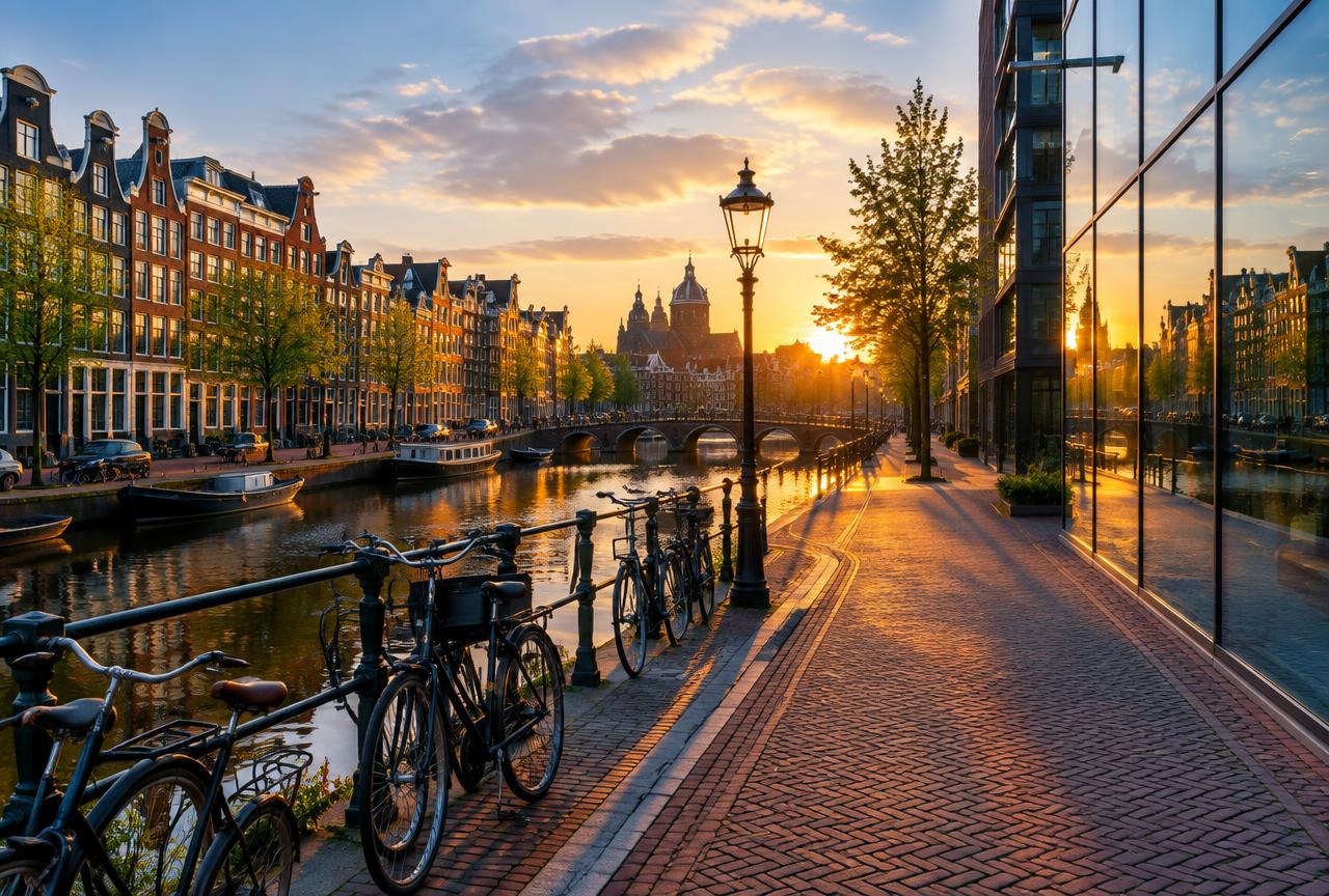 A Dutch canal street at golden hour
