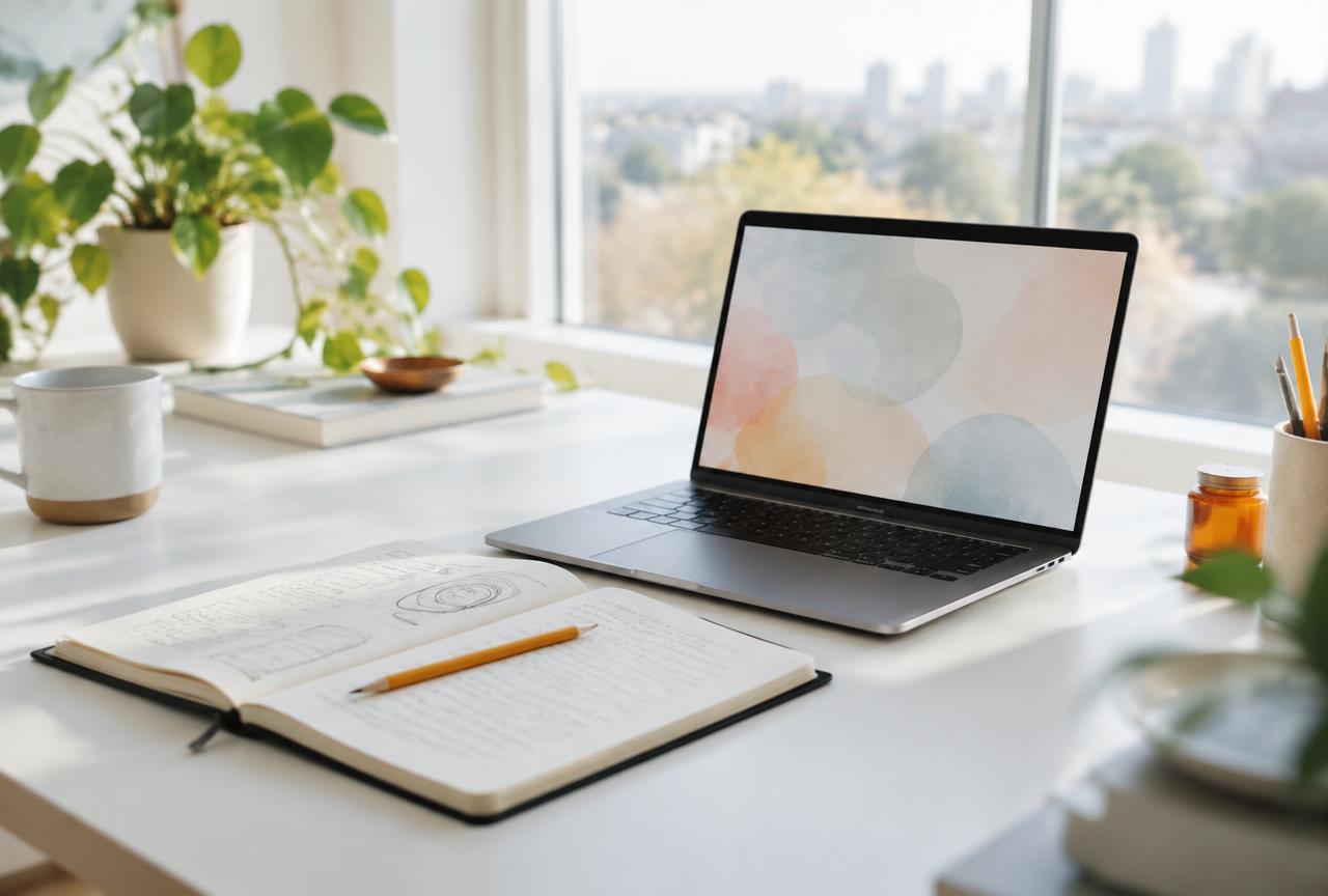 A bright desk with an open laptop and a sketched notebook in morning light