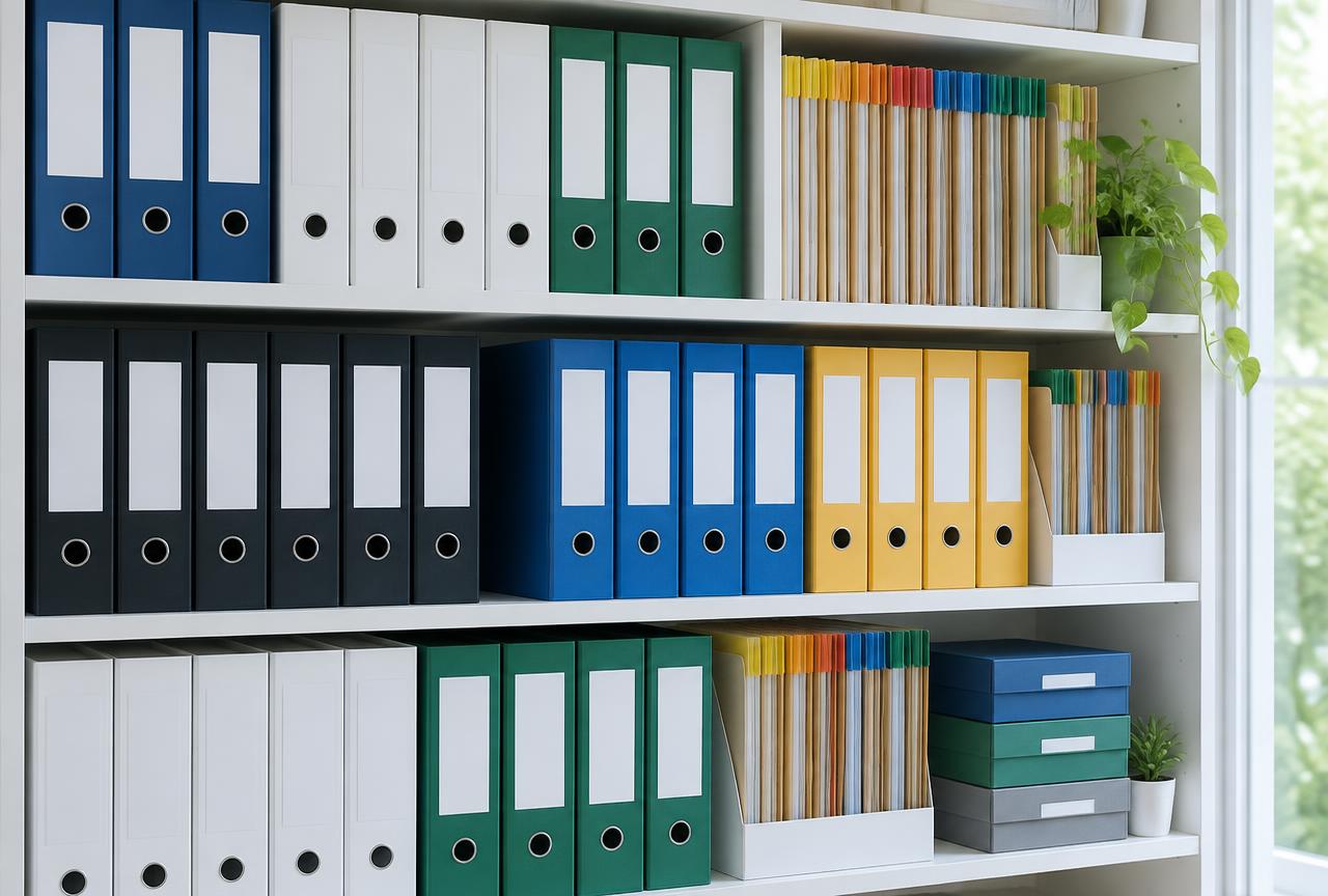 Neatly organised binders and folders on white shelves