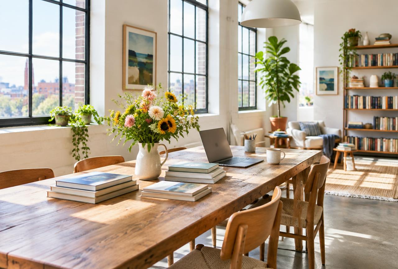 A light-filled studio with a long table, books and flowers
