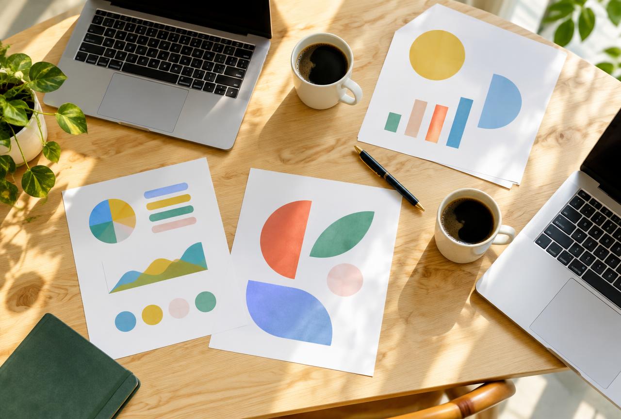 A meeting table from above with laptops, coffee and printed charts