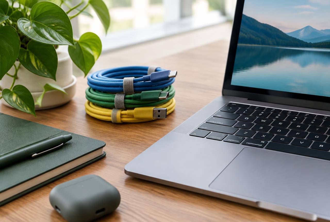 A laptop, plant and neatly coiled coloured cables on a desk